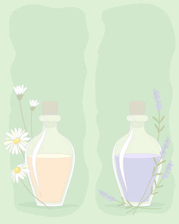 an illustration of small bottles of essential oils with flower decoration on a sage green background with space for textのイラスト素材