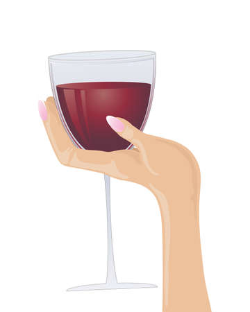 an illustration of a female hand holding a half full glass of red wine isolated on a white backgroundのイラスト素材