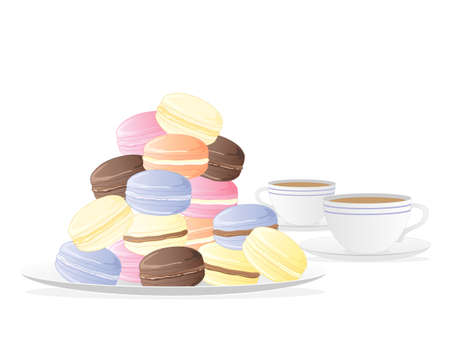 an illustration of a plate of meringue macaroons with two cups of tea isolated on a white backgroundのイラスト素材