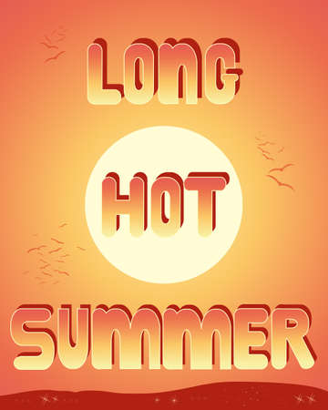 an illustration of the words long hot summer with a hot sunset sky background hills twinkling lights and birds flying away into the distanceのイラスト素材