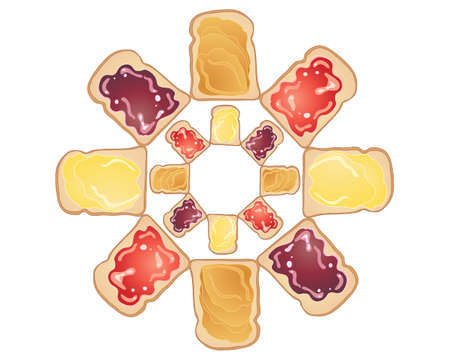 an illustration of delicious fresh toast with peanut butter jelly and butter toppings in a circular design isolated on a white backgroundのイラスト素材