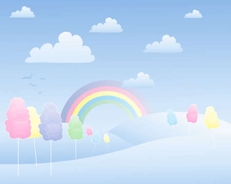 an illustration of a fantasy cotton candy landscape with a rainbow hills and fluffy white cloudsのイラスト素材