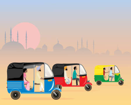 an illustration of three colorful asian tuk tuks racing