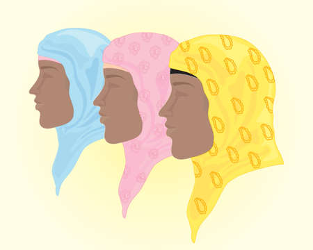 an illustration of colorful hijab headscarf in blue pink and yellow with background space for textのイラスト素材