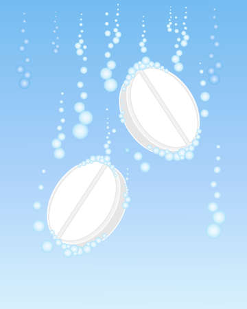 an illustration of two white effervescent tablets dissolving in blue water with fizzy bubblesのイラスト素材