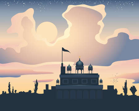 an illustration of a sikh gurdwara at sunset under a colorful sky with clouds and stars and silhouette landscapeのイラスト素材