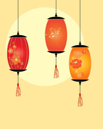 an illustration of a simple chinese lantern design with oriental flower patterns in front of a big yellow sun with space for textのイラスト素材