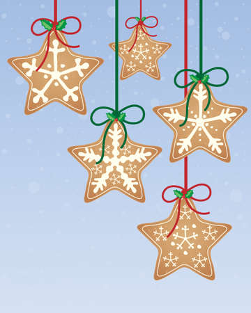 an illustration of delicious festive gingerbread stars decorated with snowflake designs on red and green ribbon with a winter blue backgroundのイラスト素材