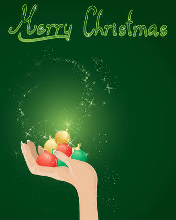 an illustration of an open hand with metallic baubles in a christmas design with magic sparkles and the words merry christmas on a green backgroundのイラスト素材