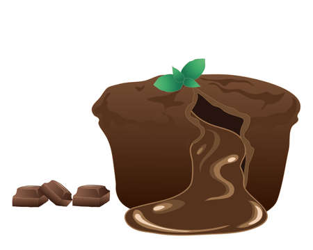 an illustration of a delicious chocolate fondant dessert with gooey middle mint leaves and pieces of chocolate isolated on a white backgroundのイラスト素材