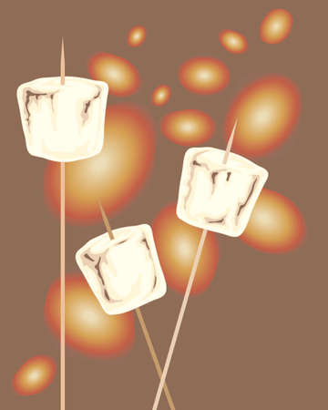 an illustration of delicious marshmallows on skewers toasting over glowing embers on a dark backgroundのイラスト素材