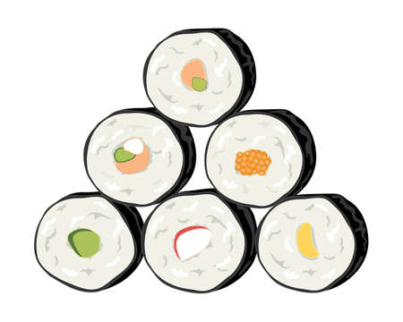 an illustration of a stack of delicious sushi rolls with different fillings isolated on a white のイラスト素材