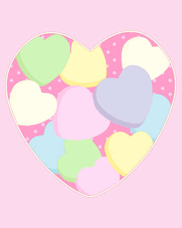 an illustration of a pastel color love heart background greeting card with sugar sweets on a dotty backgroundのイラスト素材