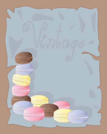 an illustration of delicious macaroons on a poster in vintage colors with space for textのイラスト素材