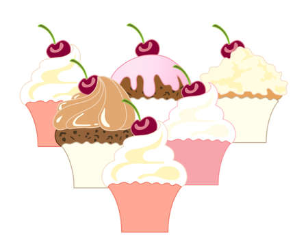 an illustration of six fancy cupcakes decorated with cherries isolated on a white backgroundのイラスト素材