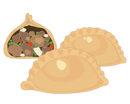 an illustration of three meat and potato pasties two whole and one half showing the filling isolated on a white backgroundのイラスト素材