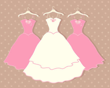 an illustration of a wedding dress on a hanger with two pink bridesmaid dresses behind on a brown spotty backgroundのイラスト素材