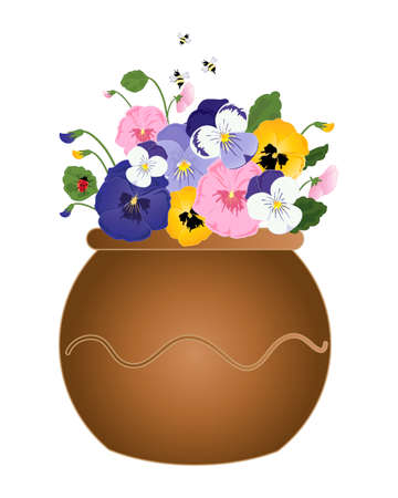 an illustration of a deorative pot with colorful pansy flowers foliage bees and a ladybug isolated on a white backgroundのイラスト素材