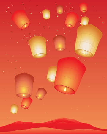 an illustration of a chinese lantern festival with bright sky lanterns on a red and gold backgroundのイラスト素材