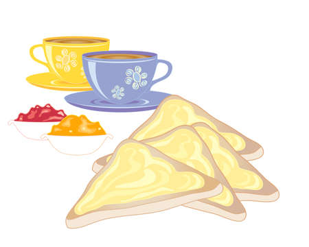 an illustration of slices of buttered toast with marmalade jam and cups of tea のイラスト素材
