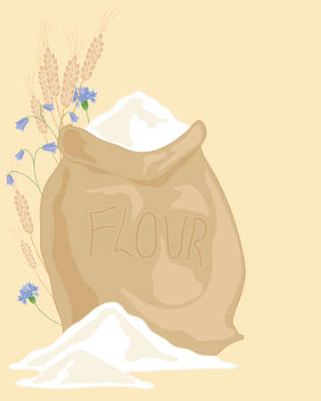 an illustration of a hessian sack of flour with ears of wheat and wildflowers on a beige backgroundのイラスト素材