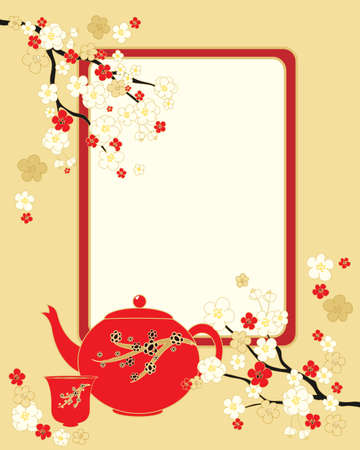 an illustration of an oriental greeting card with blossom flowers teapot and blank card on a gold backgroundのイラスト素材