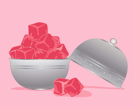 an illustration of pink turkish delight in cubes in a metallic silver bowl and lid on a pink backgroundのイラスト素材