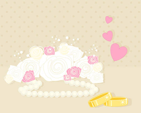 an illustration of an anniversary greeting card with white and pink roses wedding rings and love hearts on a beige backgroundのイラスト素材