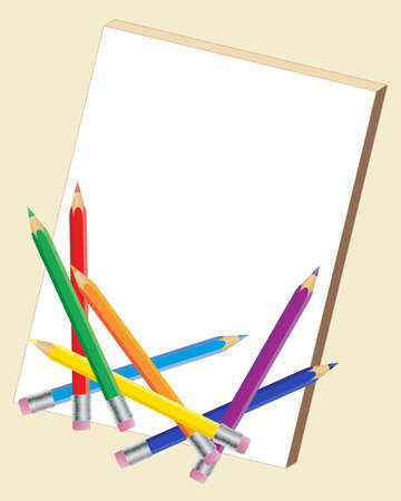 an illustration of a set of colorful pencils with a blank note pad on a beige backgroundのイラスト素材