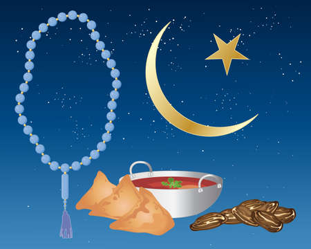 an illustration of iftar food including samosas and dates prepared for ramadan festival with blue prayer beads and an islamic crescent moon and star on a starry night backgroundのイラスト素材