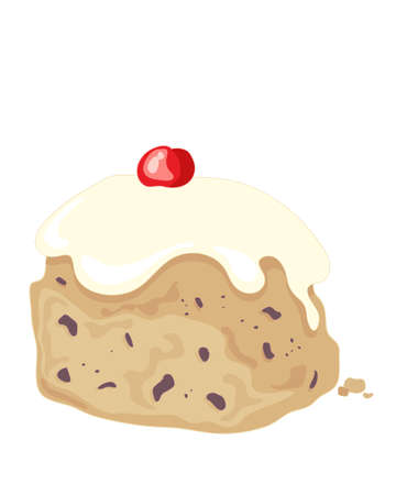 an illustration of a delicious fruity iced bun baked with raisins and topped with creamy white frosting and a glace cherry for decorationのイラスト素材