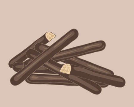 an illustration of a stack of chocolate biscuit fingers with one broken on a brown backgroundのイラスト素材