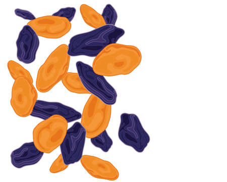 an illustration of dried apricots and prunes scattered on a white backgroundのイラスト素材