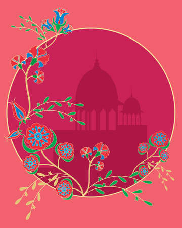 an illustration of an indian floral design with silhouette architecture on a cherry red backgroundのイラスト素材