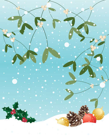 an illustration of a christmas greeting card with golden holly and fancy festive gingerbread on a snowy backgroundのイラスト素材
