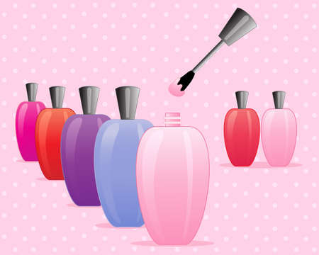 an illustration of colorful bottles of nail polish with application brush on a pink spotty backgroundのイラスト素材