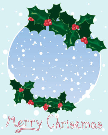 an illustration of christmas holly with green foliage and red berries in a snowy greeting card designのイラスト素材