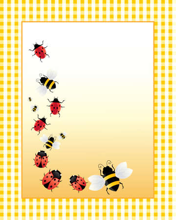 an illustration of a kitchen note card decorated with ladybugs and bees on a yellow gingham backgroundのイラスト素材