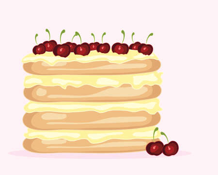 an illustration of a creative cherry layer cake with fresh cream sponge layers and juicy red cherries for decoration on a pink backgroundのイラスト素材