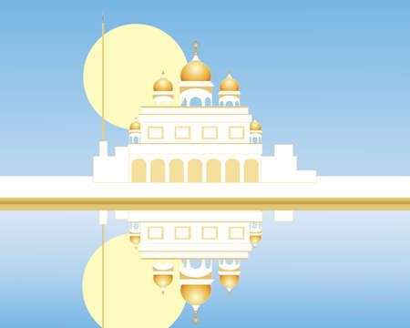 an illustration of a white gurdwara with golden domes reflected in a sarovar with blue sky and yellow sunのイラスト素材