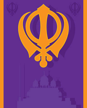 an illustration of a religious sikh greeting card with military emblem and gurdwara in purple and saffron colors with space for textのイラスト素材