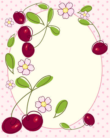 an illustration of a fun cherry design greeting card with stylized fruit foliage and blossom on a pink spotty backgroundのイラスト素材