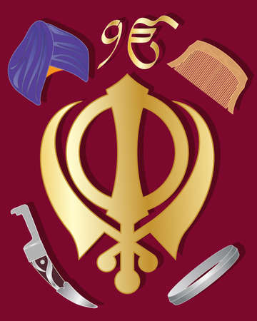 an illustration of the holy symbol of sikhism in gold  with articles of sikh culture on a maroon backgroundのイラスト素材