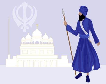 an illustration of a khalsa sikh standing in front of a gurdwara wearing blue clothing and holding a spear on a purple backgroundのイラスト素材