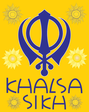 an illustration of a sikh greeting card with military emblem sunflowers and the words khalsa sikh in blue with a saffron backgroundのイラスト素材