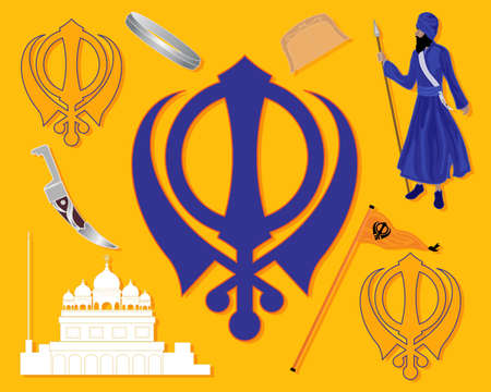 an illustration of elements from sikh history with gurdwara khalsa sikh military emblem flag bracelet comb and kirpan on a saffron backgroundのイラスト素材
