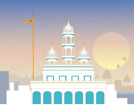 an illustration of a beautiful urban sikh gurdwara in the evening with the nishan sahib flag in front of a punjabi skylineのイラスト素材