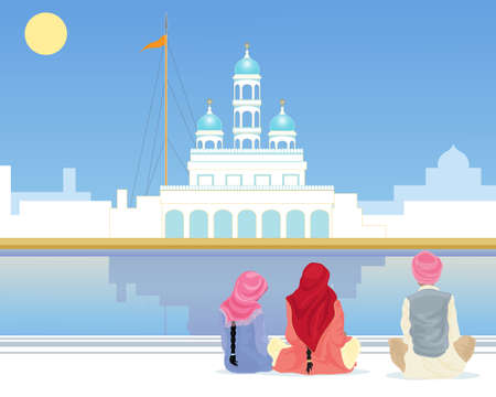 an illustration of a gurdwara with a sarovar and pilgrims sitting on the marble walkway under a blue sky in the punjabのイラスト素材