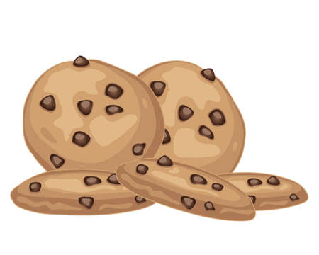 an illustration of a pile of delicious choc chip cookies on a white backgroundのイラスト素材
