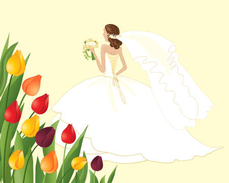an illustration of a beautiful spring bride in a white and gold dress with colorful tulips on a lemon backgroundのイラスト素材